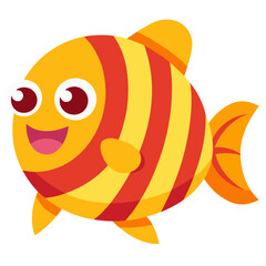 Cartoon striped fish with big eyes and a cheerful smile swims happily in the ocean