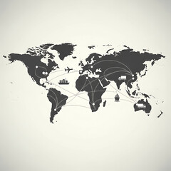 Conceptual illustration of a global logistics network with transportation routes and icons representing worldwide shipping, freight, and international trade on a world map