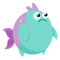 Sad cartoon fish illustration with expressive eyes and colorful fins isolated on white background
