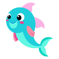 Cute cartoon blue fish with pink fins smiling on a white background illustration