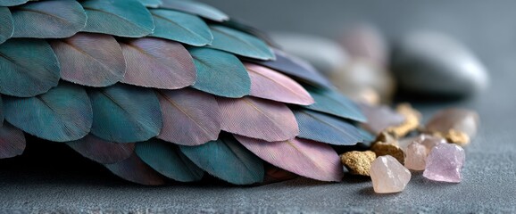 Fototapeta premium Teal and mauve feathers arranged in overlapping scales near tumbled stones and crystals on a grey surface