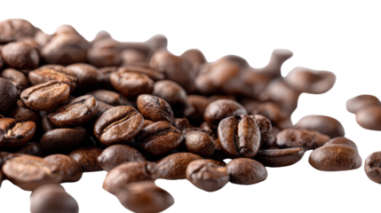 Close-up of roasted coffee beans on a white isolate background.
