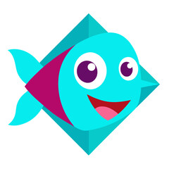 Playful cartoon fish character illustration with geometric shapes and vibrant colors against a white background