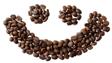Coffee beans arranged to form a smiling face on a white background.