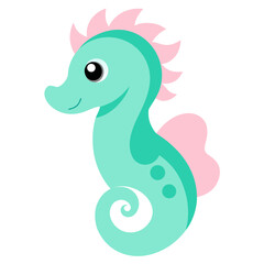 Cartoon seahorse illustration in shades of green and pink on a white background design element