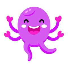 Cute Cartoon Octopus with Big Smile and Purple Body against White Background for Kids