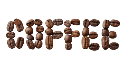 Coffee beans forming the word coffee, isolated on a white background.