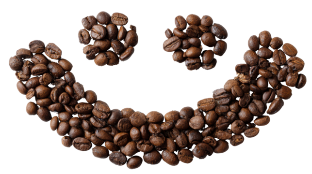 Coffee beans arranged to form a smiling face on a white background.