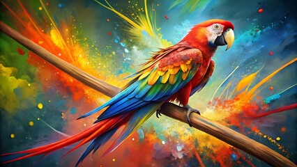 Vibrant macaw parrot perched on a branch with a colorful explosion of paint splashes in the background