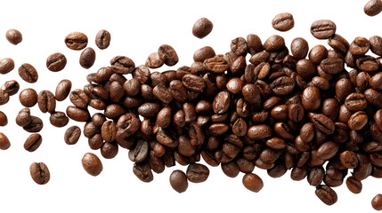 Obraz premium Coffee beans scattered on a white isolated background.