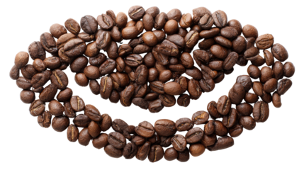 Coffee beans arranged in a unique shape, isolated on a white background.