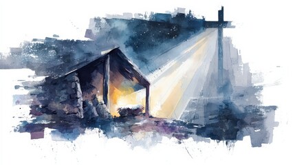 Fototapeta premium Bethlehem Stable at Night with Glowing Manger and Cross Shadow Watercolor Christian Art.