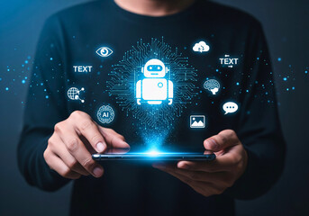 Innovative Interface: A person interfaces with an augmented reality representation of an AI chatbot, showcasing interactive digital technologies.