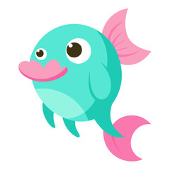 Playful cartoon fish character with big eyes and pink fins swimming merrily in the sea world