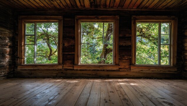 Rustic cabin interior, three windows, sunlit wood floor, forest view, nature backdrop