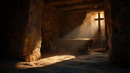 Obraz premium Bethlehem Stable Interior with Glowing Manger and Cross Shadow.