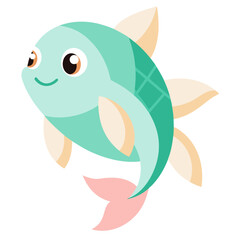 Cute cartoon fish character with big eyes and gentle smile swimming on white background