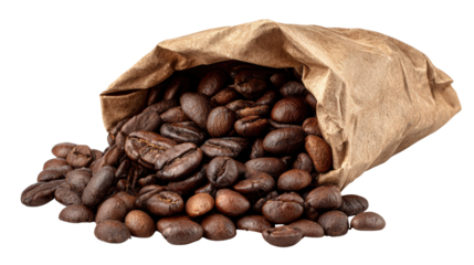 Coffee beans spilling out of a brown paper bag, showcasing rich textures and colors.