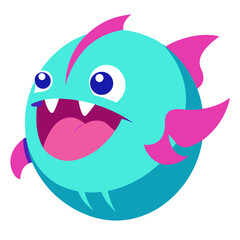 Cartoon piranha with big teeth and fins floating on white background design element
