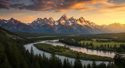 Mountains and River at Sunset
