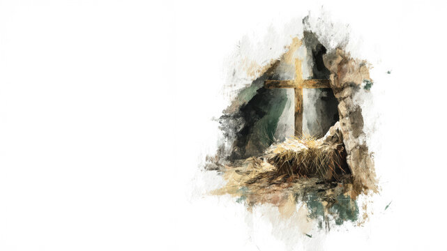 Watercolor Manger with Cross Shadow in Bethlehem Grotto.