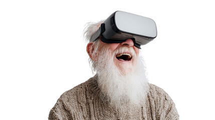 Elderly man laughing while wearing virtual reality goggles, isolated on white background.
