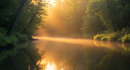 Fototapeta premium River at Sunrise with Trees and Golden Light