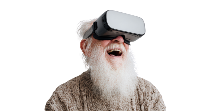 Elderly man laughing while wearing virtual reality goggles, isolated on white background.