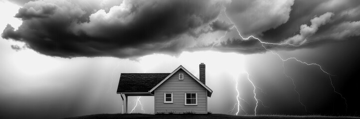Dramatic storm over a lonely house at twilight