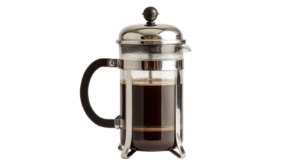 French press coffee maker with freshly brewed coffee, isolated on a white background.
