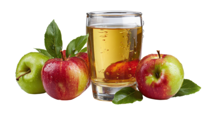 Fresh apples and a glass of apple juice on a white background.