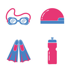 Illustration of swimming gear: goggles, cap, flippers, and a water bottle, all in pink and blue.
