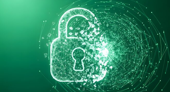 Glowing green padlock with swirling digital particles on a dark green gradient background, conveying a sense of secure digital transformation.