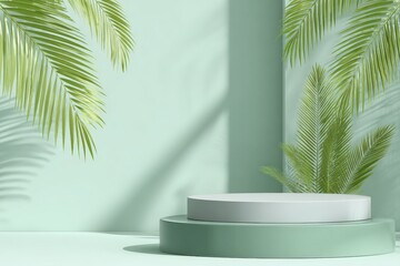 Minimalist, light-green podium with palm leaves