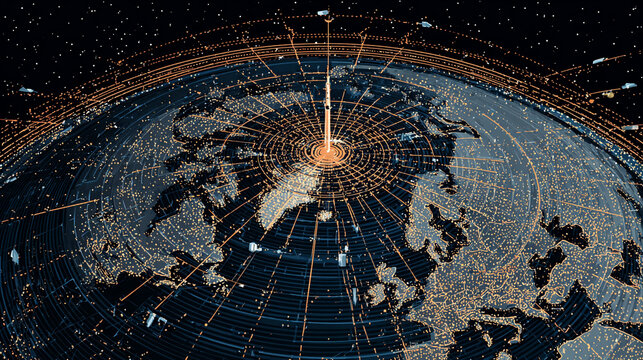 Global network connections digital earth visualization world map data streams satellite communication