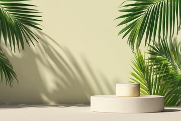 Beige podium with cream jar and palm leaves