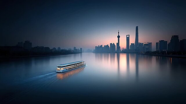 Shanghai Skyline Reflecting Tranquil Boat Sailing