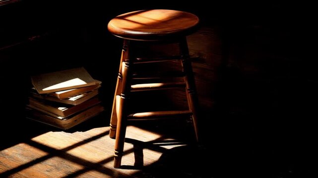 Wooden stool and books in a dimly lit room, sunlit