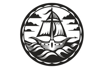 Majestic black sailing ship navigates the choppy ocean waves against a white backdrop