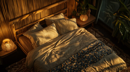 Cozy bamboo bed with soft linen bedding and pillows, illuminated by warm light in a serene bedroom setting. Perfect for restful sleep and tranquility.