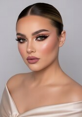 Obraz premium Elegantly Styled Woman with Smoky Eyeshadow and Matte Lips A Portrait of Beauty and Grace