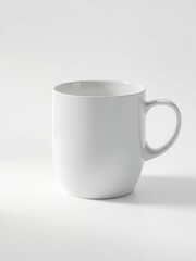 Obraz premium Simple and Modern White Coffee Mug on a White Backgro. A minimalist, high-quality studio shot of a blank white ceramic mug with a smooth, curved shape. The mug stands on a clean white surface with a d
