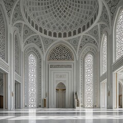 Grand interior of a mosque, showcasing intricate white architecture and detailed patterns.