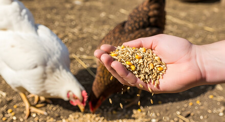 Feeding time: A hand offering a mix of grains to chickens on a sunny day in a farmyard setting