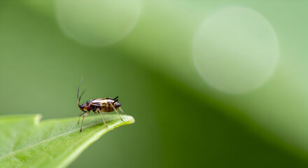 Fototapeta premium Close-up of a Tiny Bug on a Green Leaf with Soft Bokeh Background, Captured in Detail
