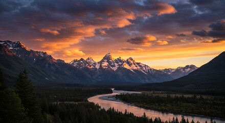 Obraz premium Mountains River Sunset Landscape Photography