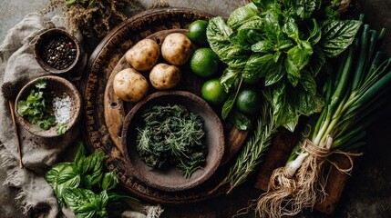 and keyword list based on the image

 Assorted Produce Still Life on Rustic Wooden Surface (Herbs, Potatoes, Limes)