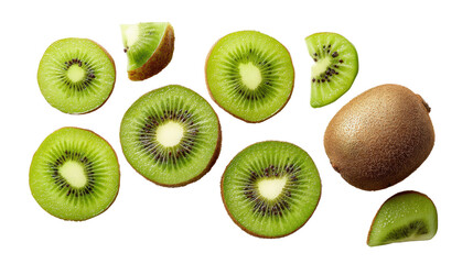 Fototapeta premium Fresh kiwi fruit slices and whole kiwi on a white isolated background.