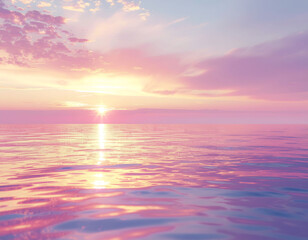 Fototapeta premium A serene ocean scene at sunset, with soft pink and purple hues reflecting on the water.