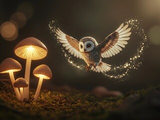 Fototapeta premium Mystical flight of a charming little owl surrounded by golden sparkles and illuminated fungi in a dark enchanted forest